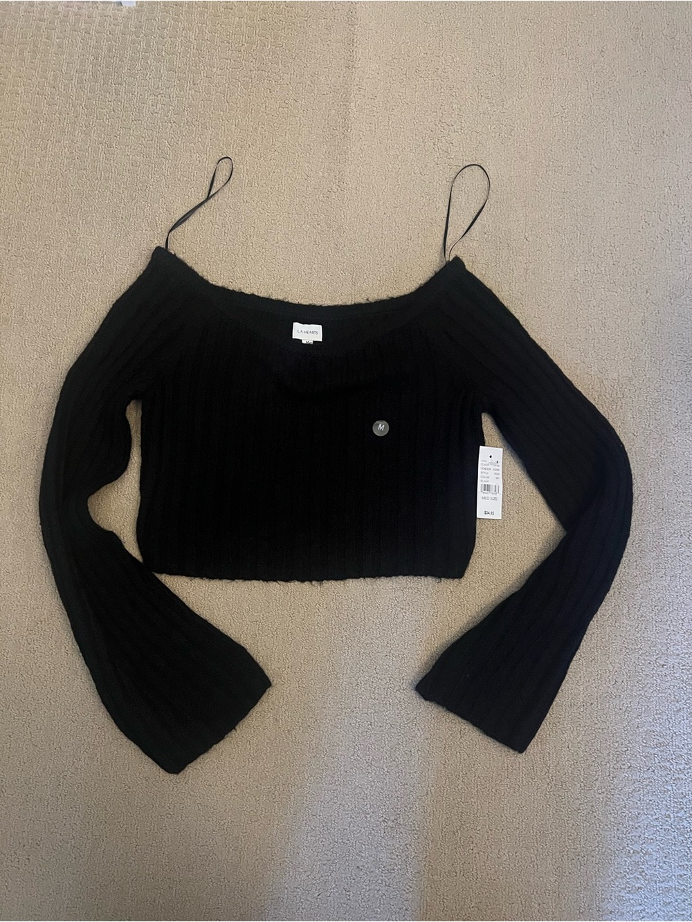 La Hearts Black Ribbed Off-Shoulder Crop Sweater with Bell Sleeves